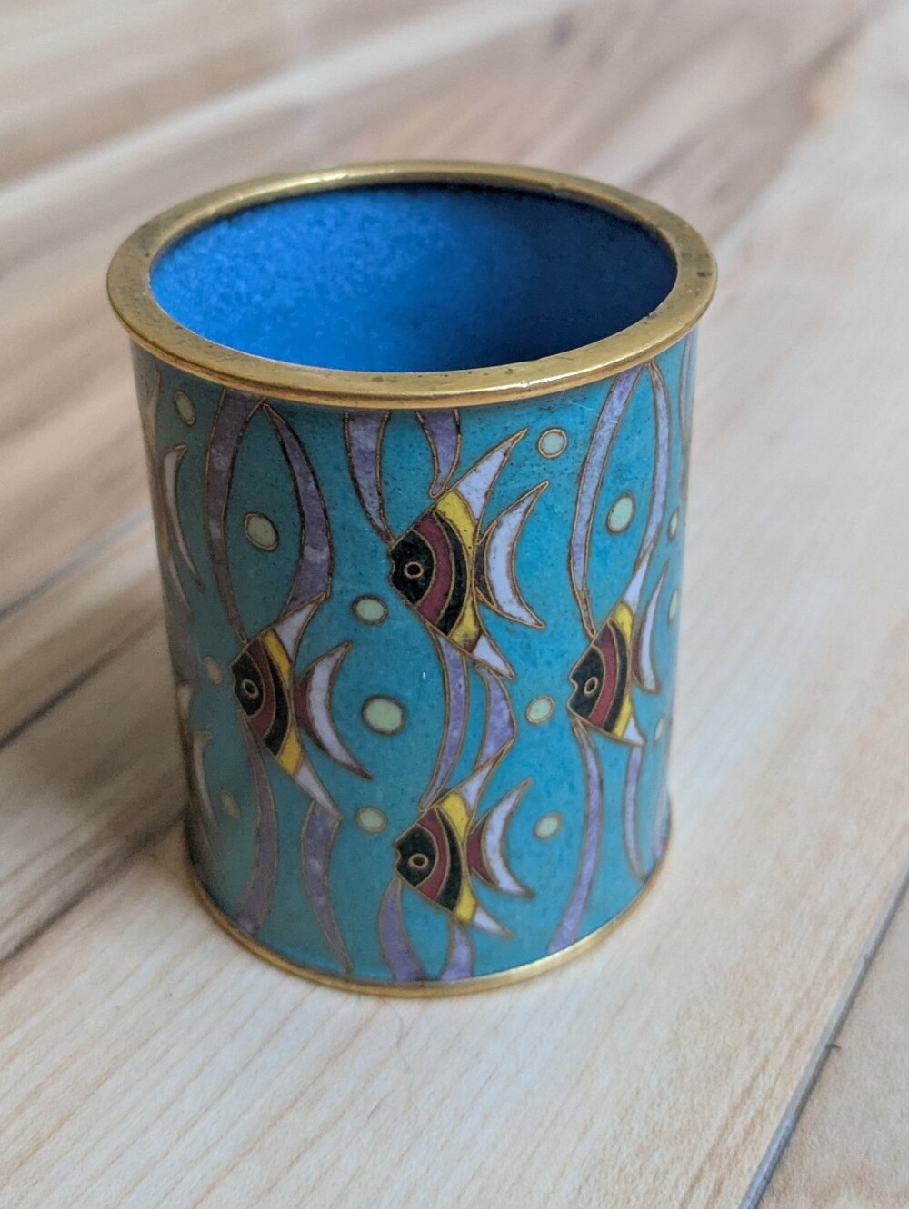 Vintage Chinese Cloisonné Beaker Vase Cup Angel Fish